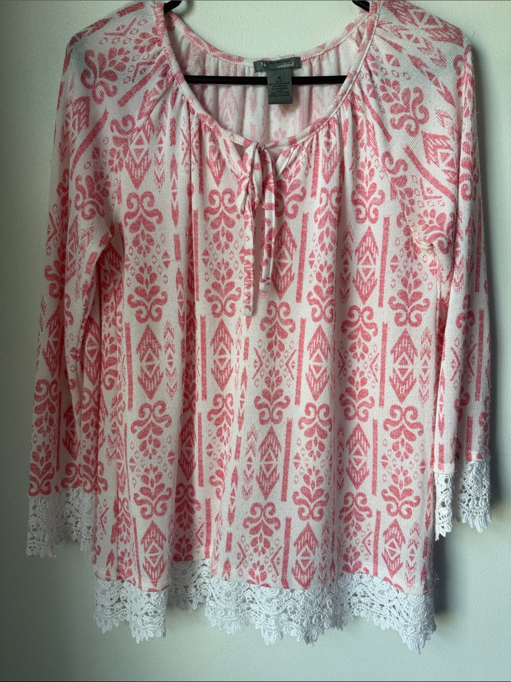 No Boundaries Pink and White Printed Tie-Neck Tunic